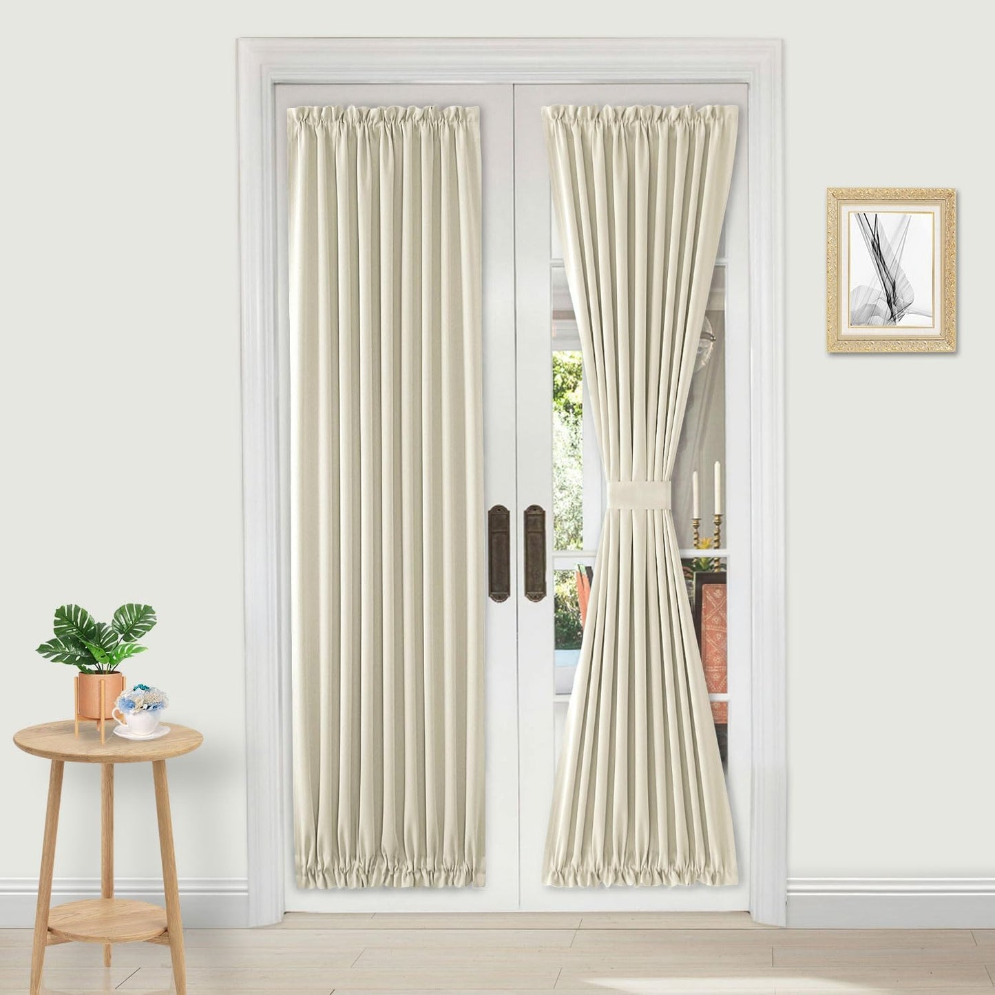 DWCN French Door Curtains – Rod Pocket Thermal Blackout Curtain for Doors with Glass Window, Kitchen and Patio Doors for Privacy, 36 X 72 Inches Long, 1 Curtain Panel with Tieback,Light Beige