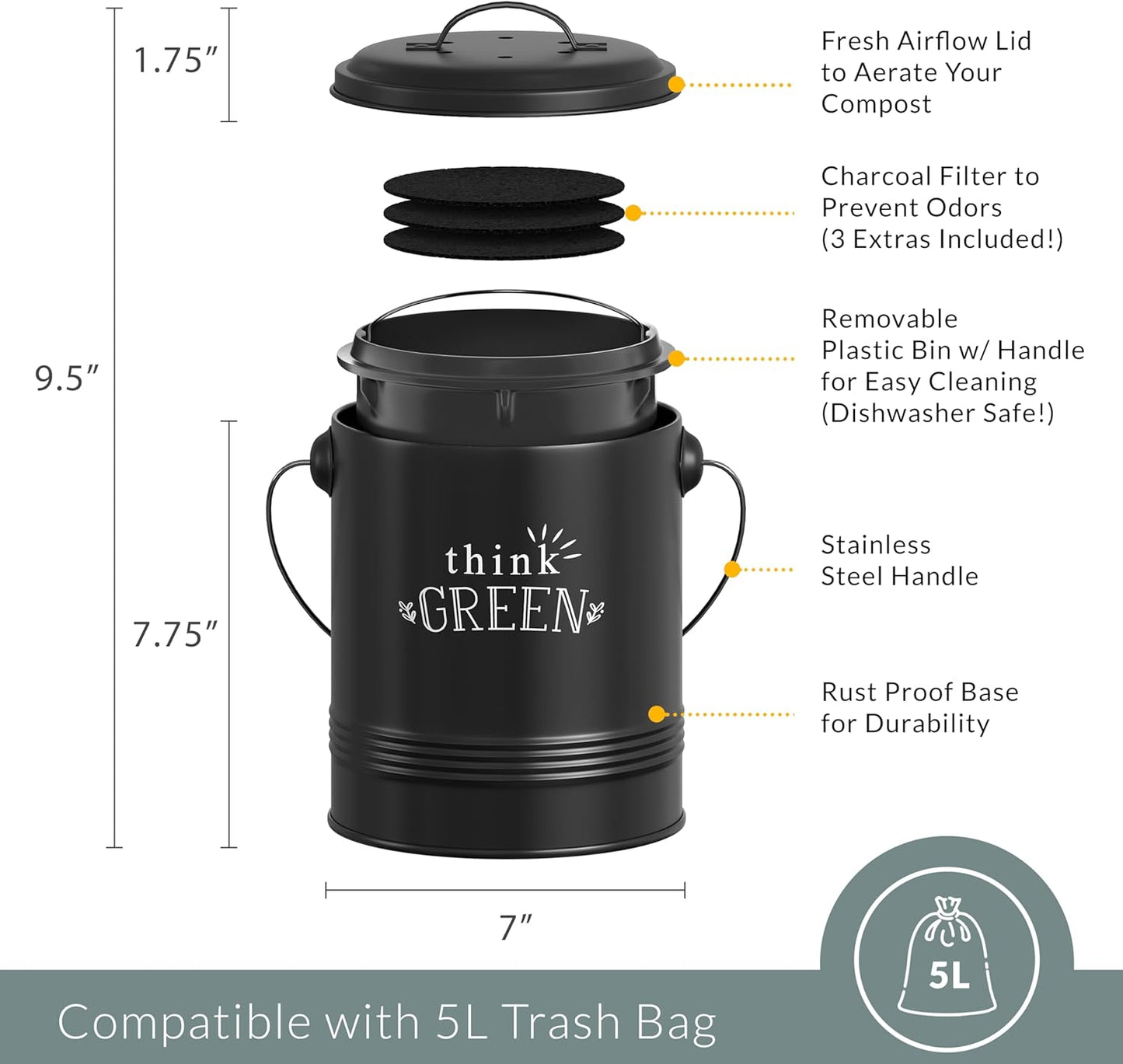 Barnyard Designs Compost Bin for Kitchen Counter - 1.2 Gallon Countertop Composter with Extra Smell-Absorbing Filters and Inner Bucket for Easy Cleaning - Food Waste Bin for Kitchen with Lid (Black)