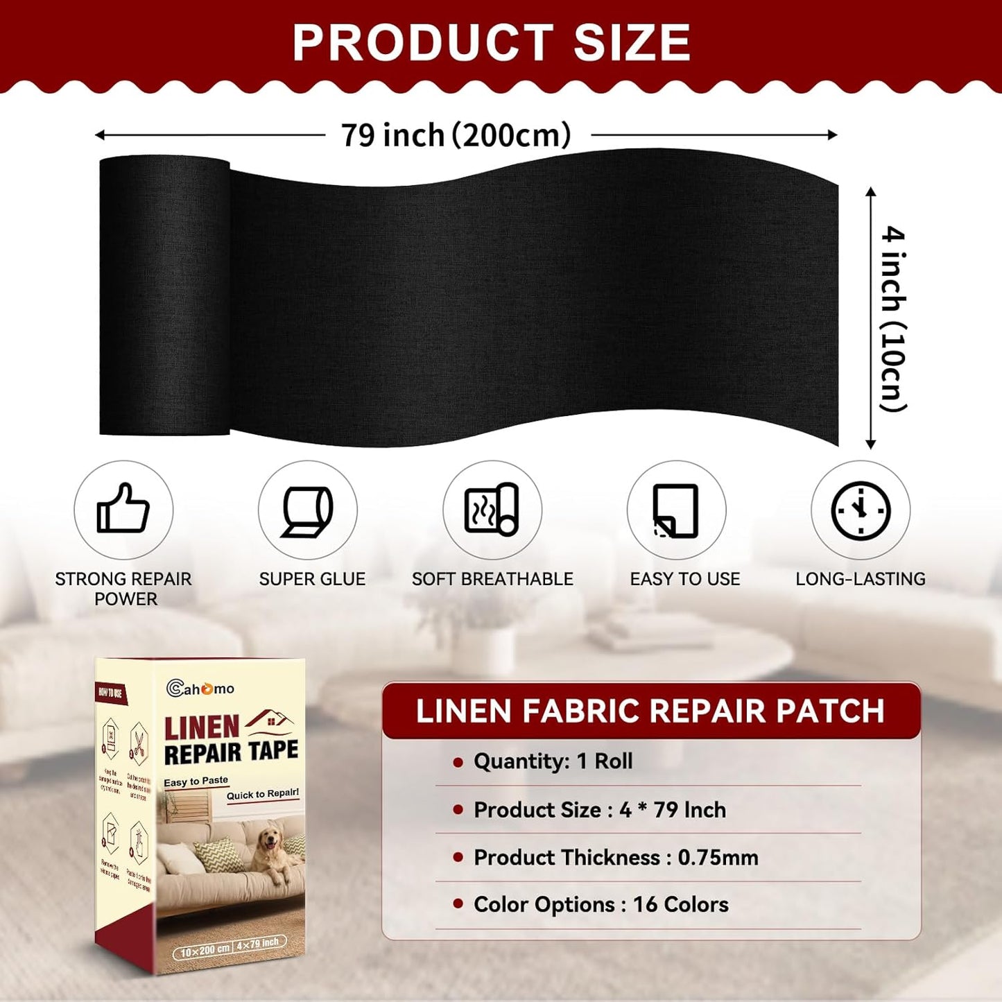 Linen Repair Tape 4x79 inch, Self Adhesive Fabric Patches, Linen Patch Tape Kit, Fabric Repair Tape for Couch Sofas, Headboards, Chairs, Pillows, Curtains, Couches - Black