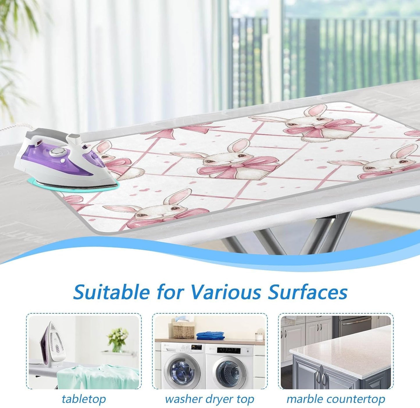 Easter Bunny Bows Pink Ironing Mat Thickened Ironing Blanket Travel Portable Double-Side Using Ironing Pad Travel Isolate Heat Pad Cover for Washer Dryer Table Top Countertop 27.6x47.2in
