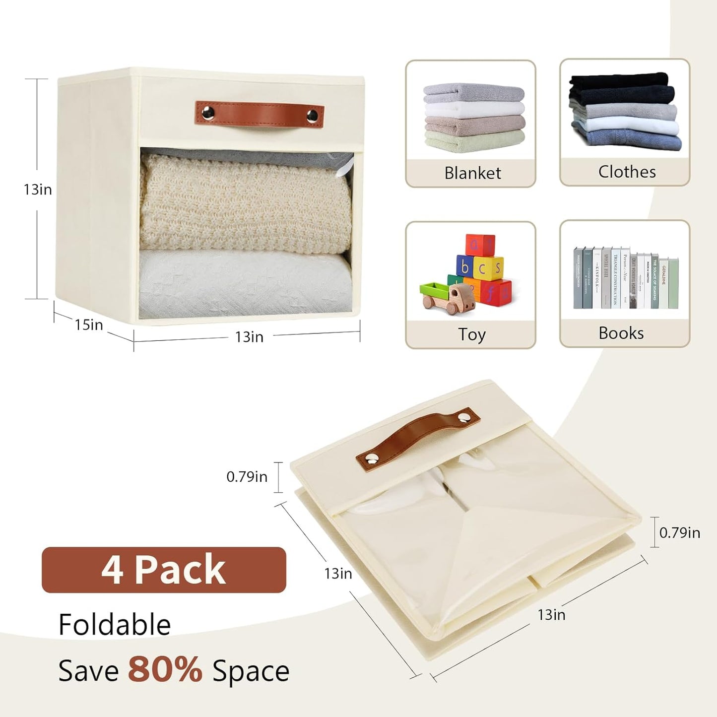 HNZIGE Fabirc Storage Cubes Bin 13x15x13 Clear Storage Cube, 4 Pack Foldable Cloth Cubby Storage Bins for Cube Organizer Closet Cabinet, Large Fabric Storage Bins for Shelves Organizer Bins- Cream