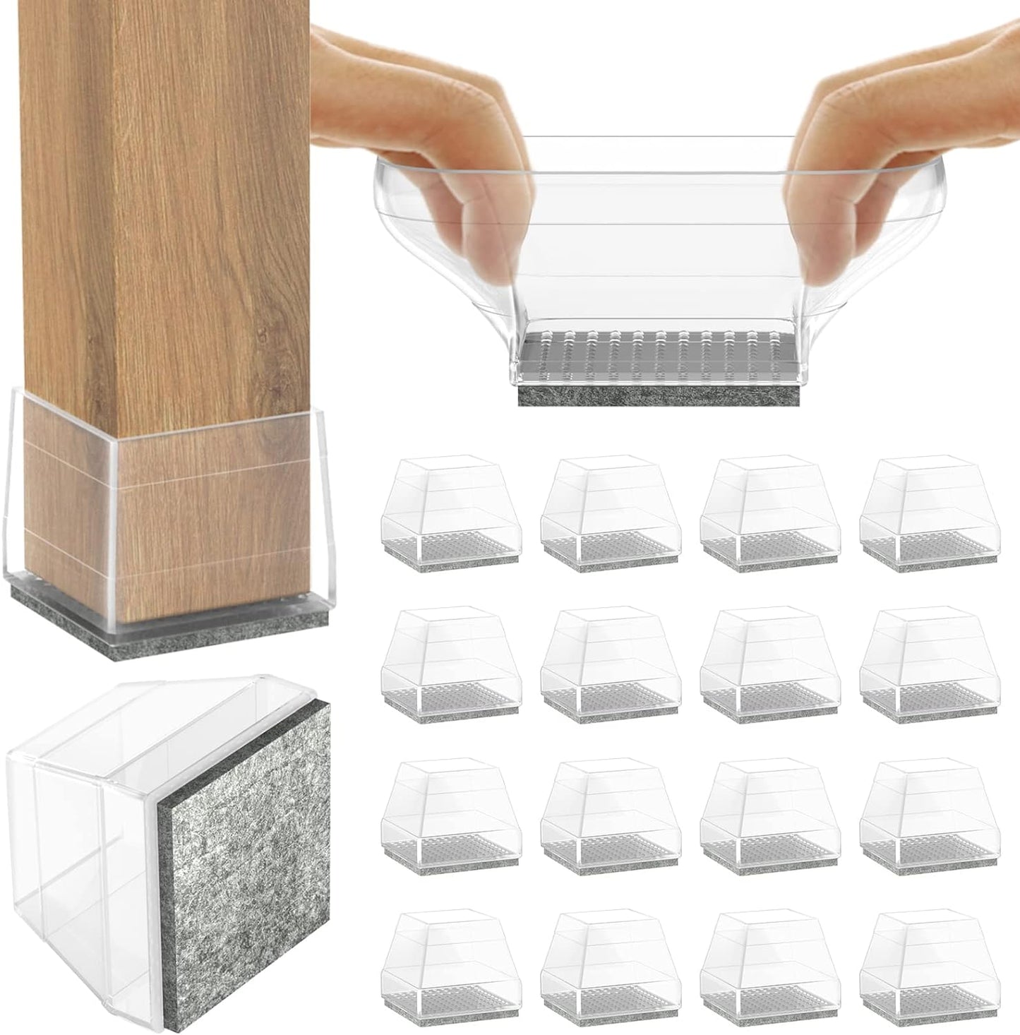 Square Chair Leg Protectors for Hardwood Floors,16 Pcs Silicone Felt Furniture Legs Caps to Prevent Floor from Scratches and Reduce Noise, Easy to Move, (Clear, Fit: 0.866-1.14").