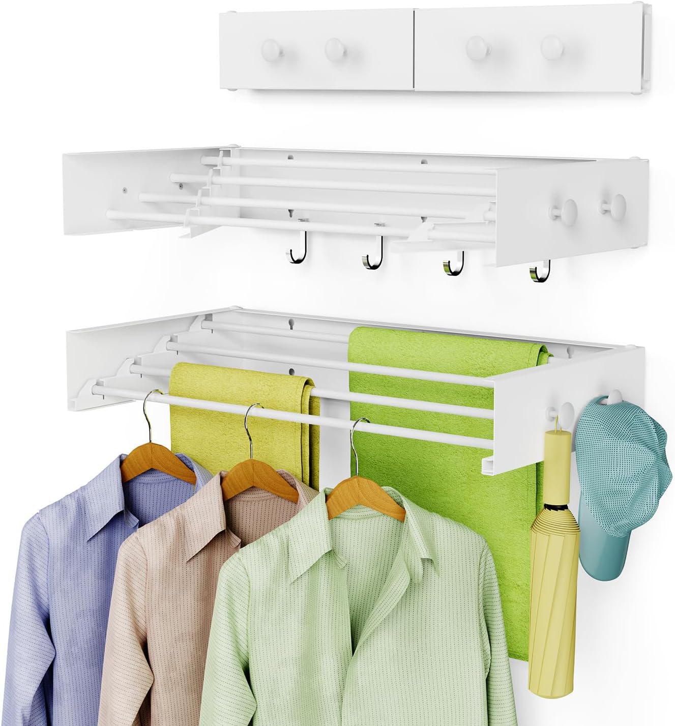 Drying Rack Clothing,Clothes Drying Rack Wall Mounted,Laundry Drying Rack Wall Mount,Foldable,Collapsible,60 lb Capacity 4 Aluminium Poles with 8 Hooks,Space Saving Clothes Drying Rack,White 23.6"