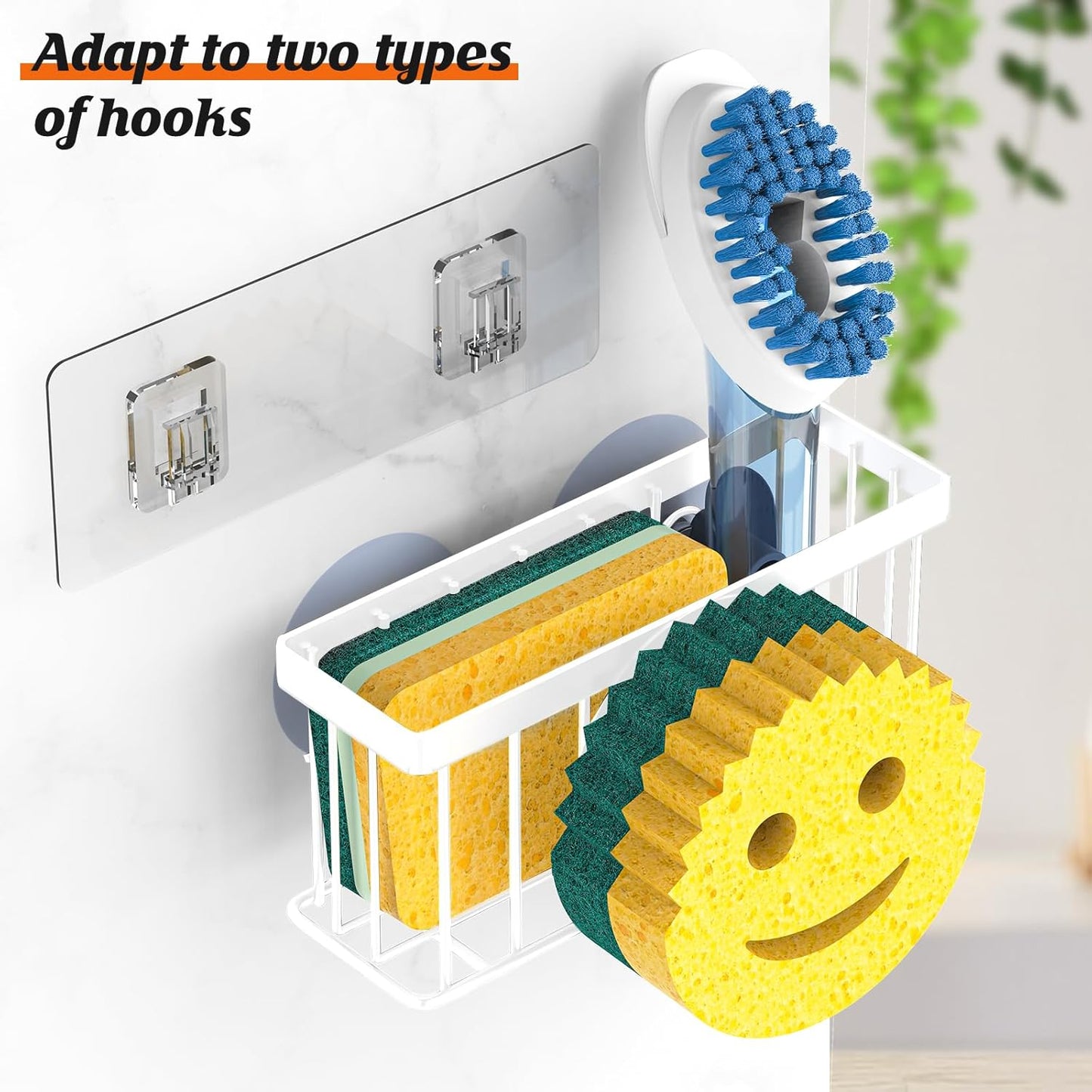 Sponge Holder Smiley Face,Sink Caddy,Sink Organizer with 2 Suction Cups/1 Adhesive Strips,Designed for Sponge,Soap,Dish Brush,Scrubber - White