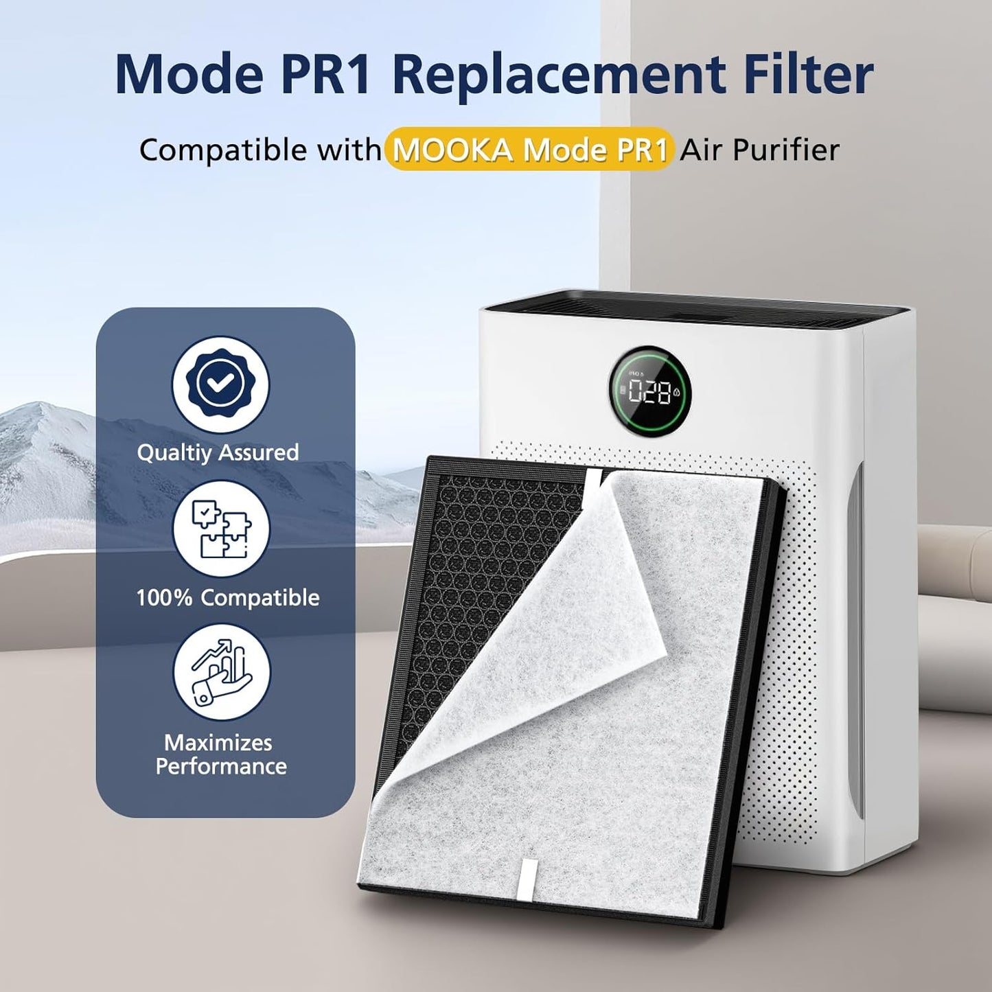 PR1 Replacement Filter for Mooka PR1 Air Purifier for Home Large Room up to 2200sq.ft, HEPA Activated Carbon, with 4Pcs Washable Filter for Pets, 2 Packs