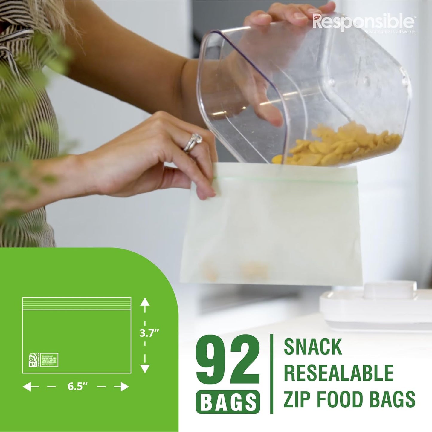 Responsible Products Certified Compostable SNACK Resealable Zip Bag, Extra Strength Food Bags, Plant-Based Freezer-Safe (92 Pack)