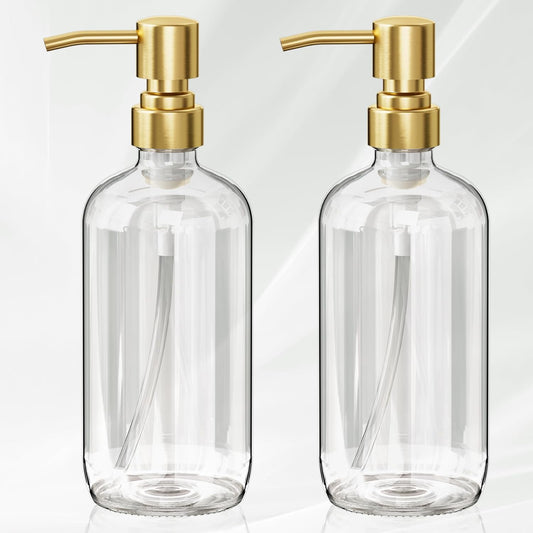 AmazerBath Soap Dispenser, 2 Pack Glass Soap Dispenser with Pump Stainless Steel, 17 Oz Clear Gold Hand Soap Dispensers for Bathroom and Kitchen
