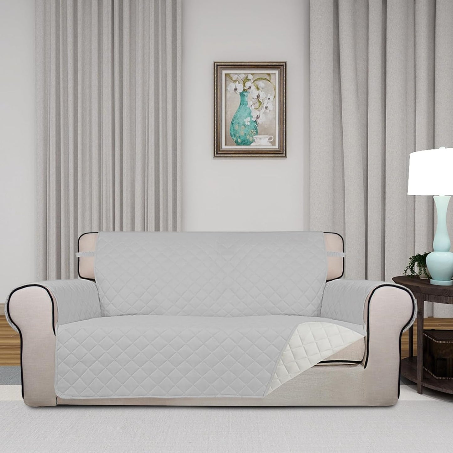 PureFit Reversible Quilted Sofa Cover, Water Resistant Slipcover Furniture Protector, Washable Couch Cover with Non Slip and Elastic Straps for Kids, Dogs, Pets (Oversized Loveseat, Light Gray/Ivory)