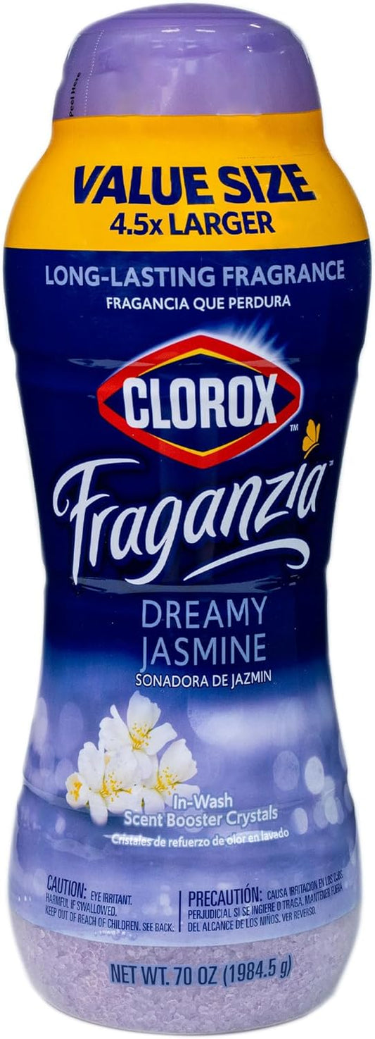 Clorox Fraganzia Laundry Scent Booster Crystals in Dreamy Jasmine Scent - Scented In-Wash Freshener Beads for Fresh, Clean, Great Smelling Clothes and Linens, 70 Oz