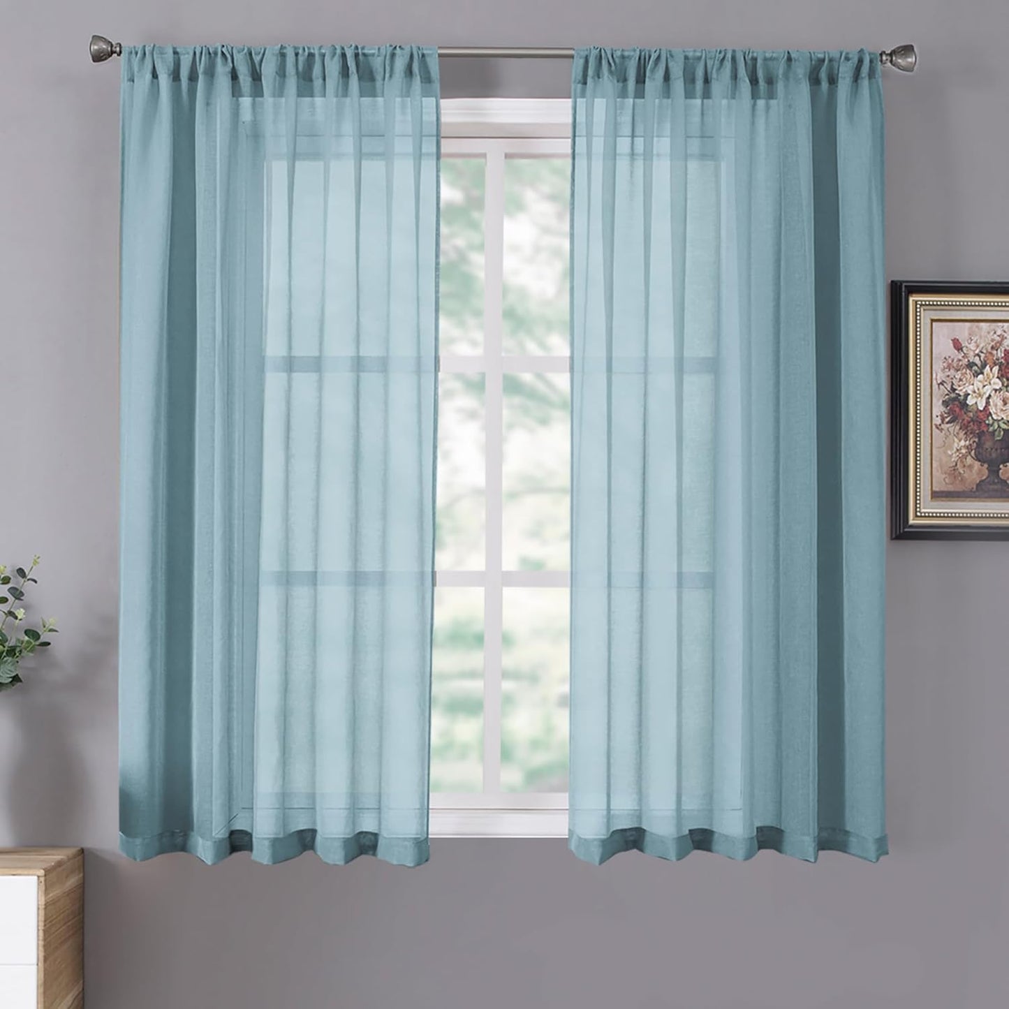 Tollpiz Sheer Curtains Linen Textured Living Room Curtain Sheers Light Filtering Rod Pocket Voile Curtains for Bedroom, 42 x 63 inches Long, Dusty Blue, Set of 2 Panels