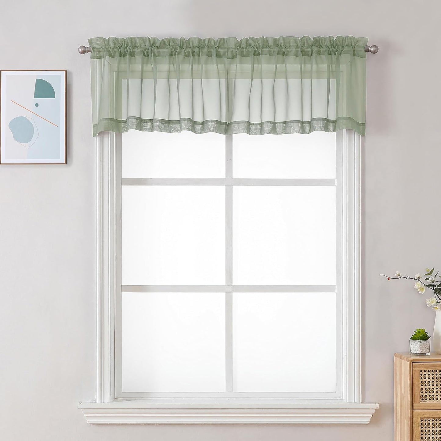 Chyhomenyc Sheer Window Valance Curtains, 42x14 Inches 2PCS, Light Filtering Valances Windows Treatment, Small Rod Pockets Voile Sheer Curtains for Living Room/Bathroom/Basement, Sage Green