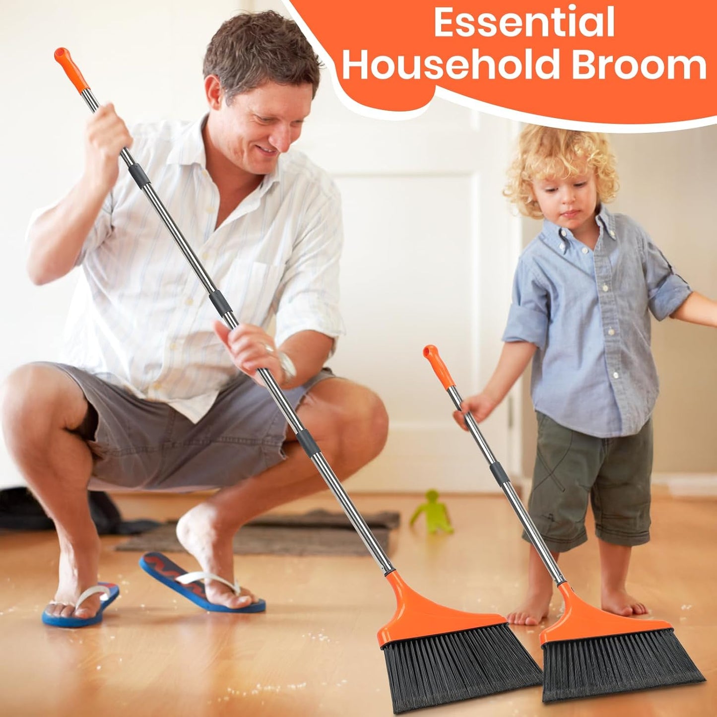 4 Pack Heavy-Duty Angle Broom for Floor Cleaning with 52" Long Handle Stiff Bristle Angle Commercial and Industrial Broom, Indoor Outdoor Broom for Garage Kitchen Office Lobby Patio