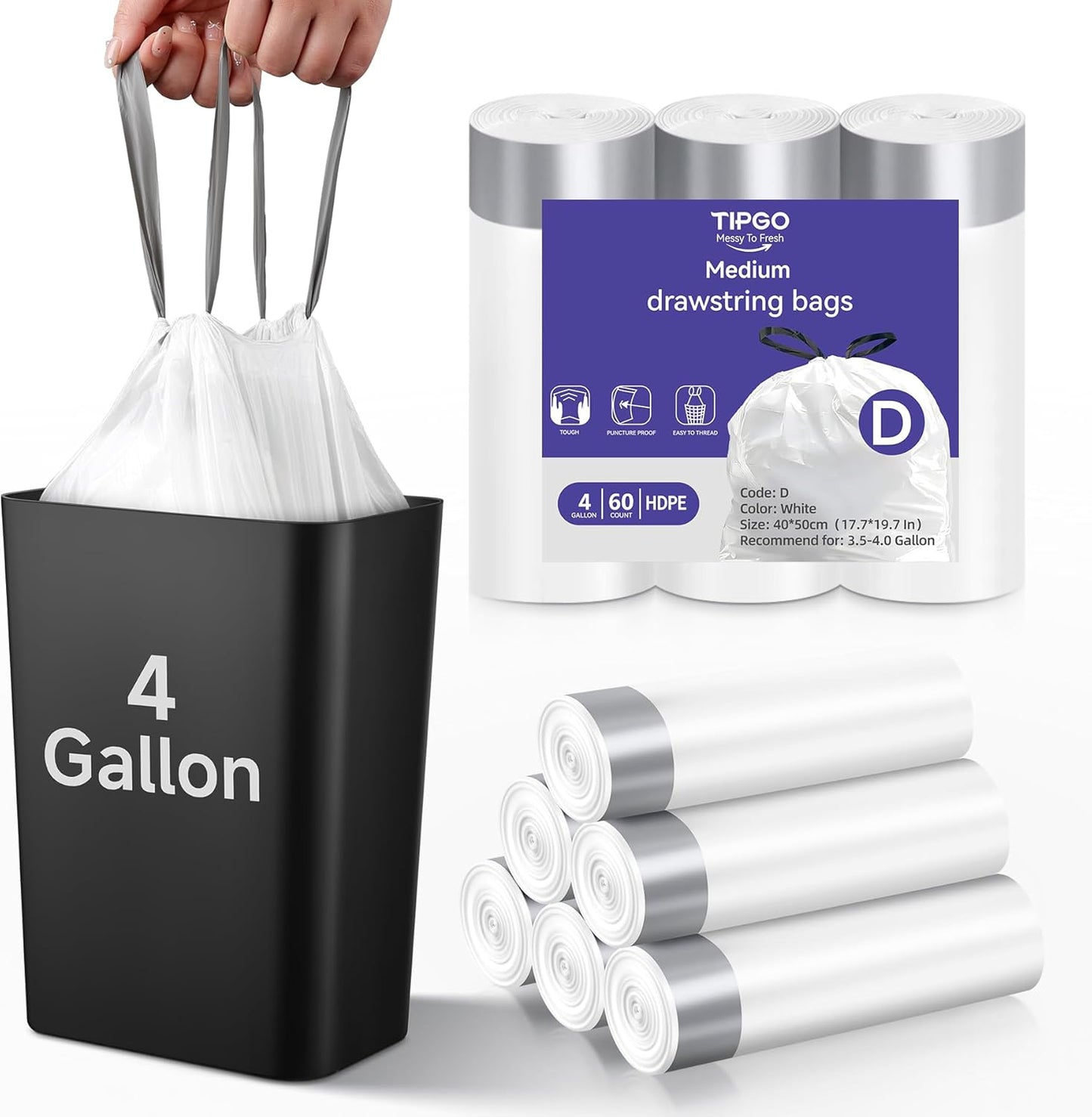 Drawstring 4 Gallon Trash Bags, Pre-Cut Strong Wastebasket Bin Liners, White Garbage Bags for Home, Office, Bathroom (Code D, 60 Count)