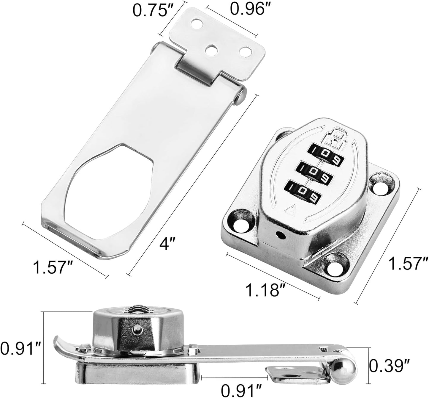 Cozy Tower 4 inch 180 Degrees Hasp Combination Lock for Cabinet, Combo Latch Lock for Cupboard, Drawer, Closet Door, Garage Fence Shed Door (Chrome, 2 Pack)