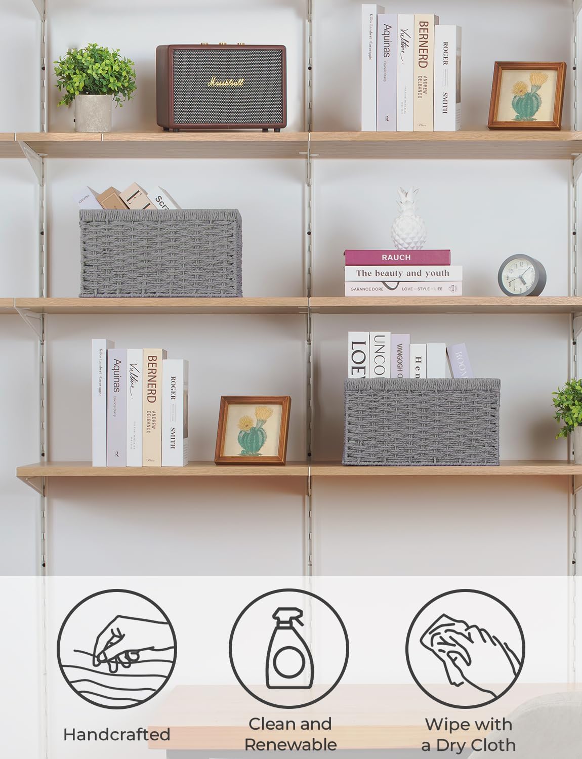 StorageWorks Round Paper Rope Storage Baskets, Rectangular Wicker Baskets with Built-in Handles, Gray, 2-Pack