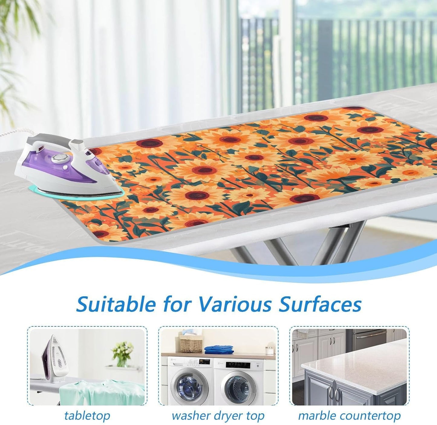 Ironing Mat Portable Ironing Pad Ironing Blanket for Table Top Heat Resistance Double-Side Using Travel Large 47.2 x 27.6 Inch Foldable Lightweight Orange Sunflowers and Poppy Flowers