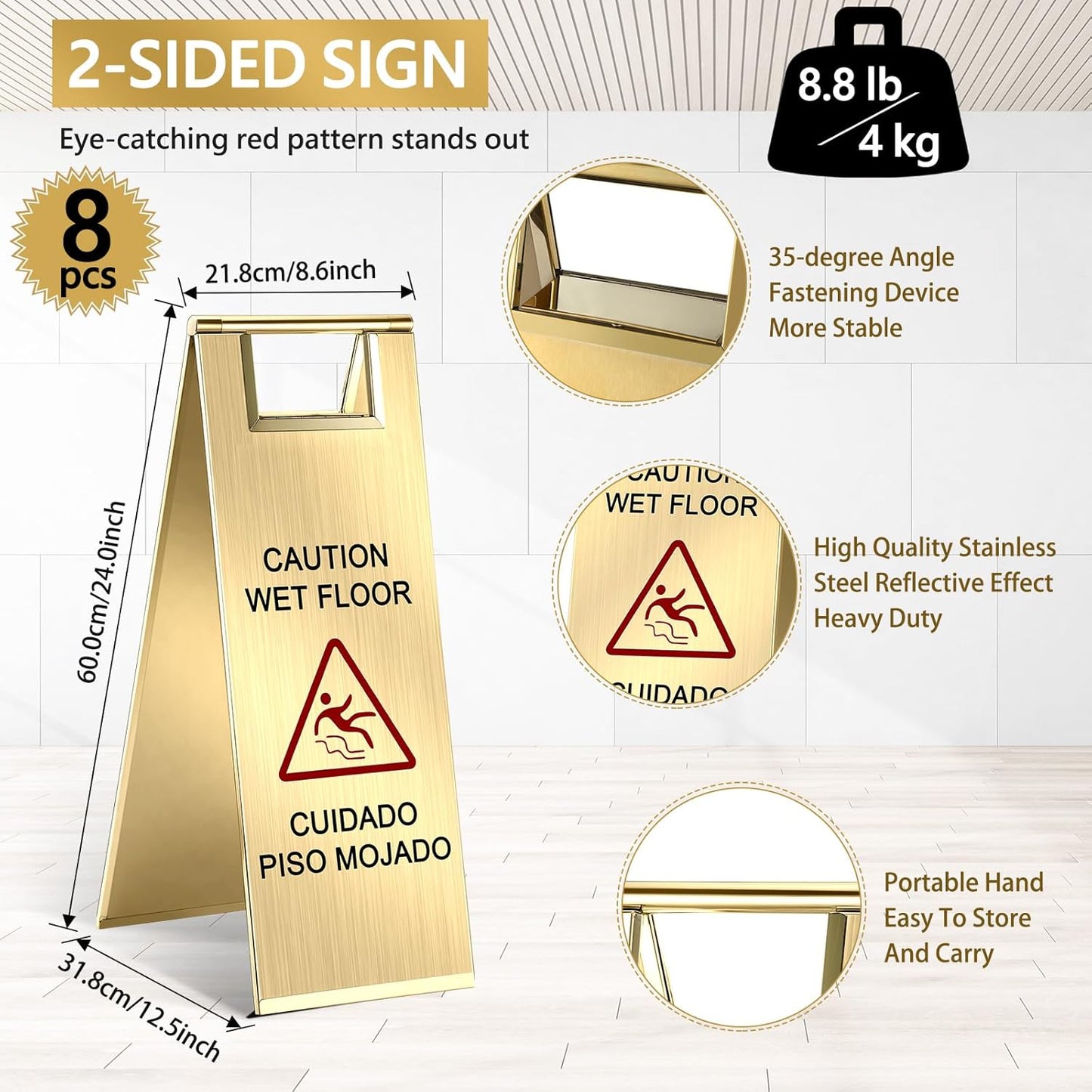 8 Pcs 24 Inch Stainless Steel Wet Floor Sign 8.8 Pound Caution Wet Floor Sign Bulk Double Sided Portable Foldable Bilingual Safety Warning for Kitchen Restaurant Restroom Avoid Fall(Gold)