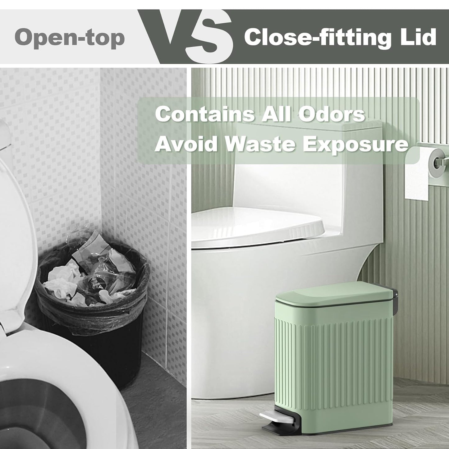 TrashAid Slim Bathroom Trash Can with Lid Soft Close, 6 Liter/1.6 Gallon Stainless Steel Small Garbage Can with Removable Inner Bucket, Step Pedal, Slim Wastebasket for Toilet, Office, Bedroom, Green