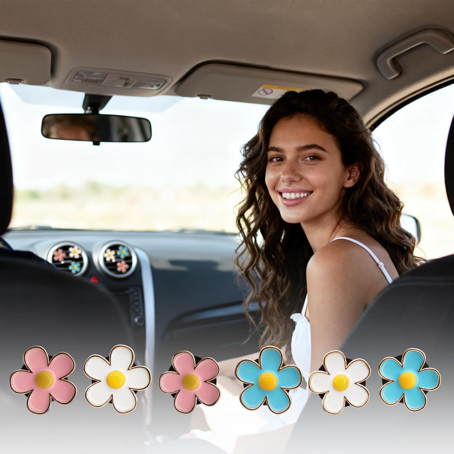 6pcs Flowers Car Air Freshener Vent Clips,Blue White Pink Daisy Flowers Air Vent Clip Car Accessories for Women,3cm/2.7cm Refillable Daisy Decor Diffuser