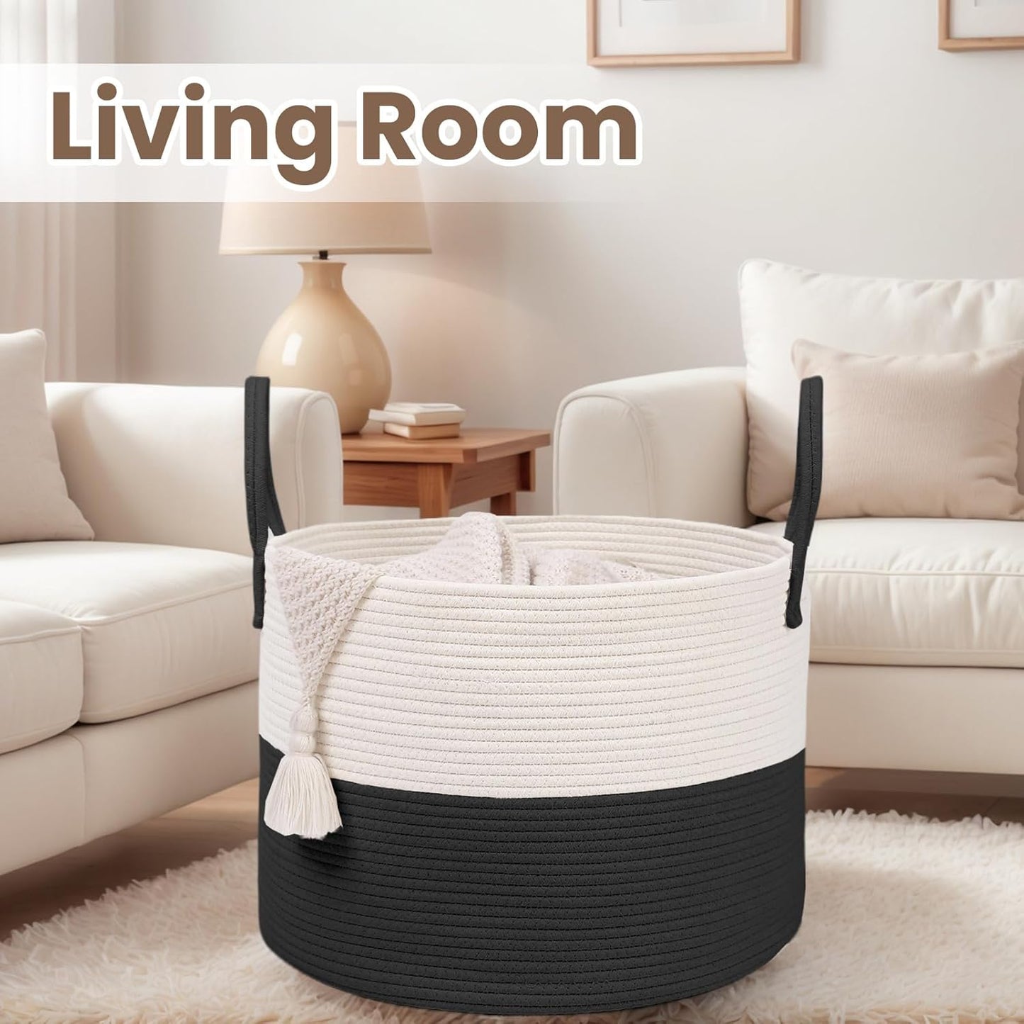 Woven Blanket Basket,115L Large Rope Storage Bin with Handles, Organizer for Blankets Toys Book and Clothes, Laundry Basket for Living Room Bedroom Nursery,White&Black