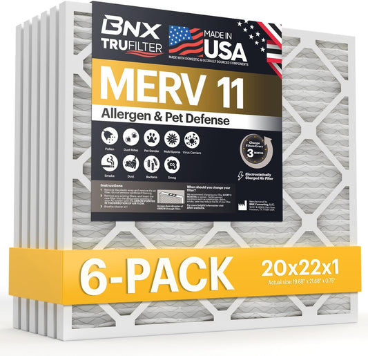 BNX TruFilter 20x22x1 Air Filter MERV 11 (6-Pack) - MADE IN USA - Allergen Defense Electrostatic Pleated Air Conditioner HVAC AC Furnace Filters for Allergies, Dust, Pet, Smoke, Allergy MPR 1200 FPR 7