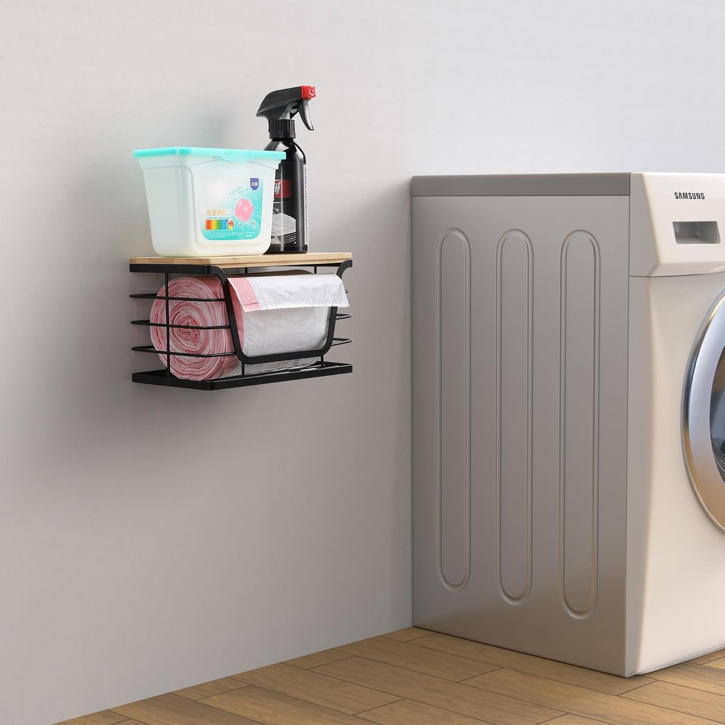 ALOCEO Small Wall Basket, Stainless Steel Adhesive Cabinet Door Organizer with Bamboo Top for Kitchen, Cabinet, Pantry, Black