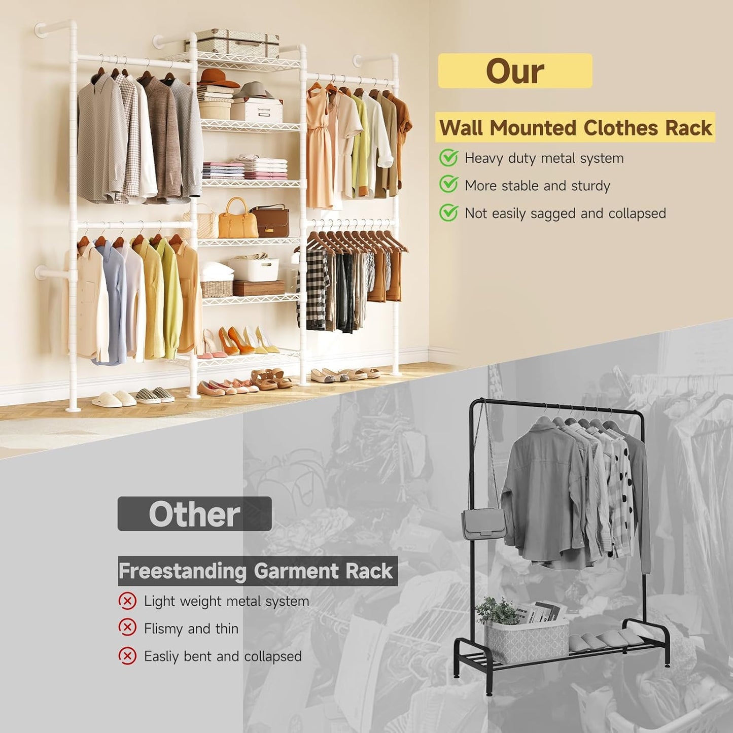 ONBRILL H3 Wall Mounted Closet System, Expandable Industrial Pipe Clothes Rack Clothing Rack for Hanging Clothes, Heavy Duty Closet Organizers and Storage in Wardrobe Closet, White