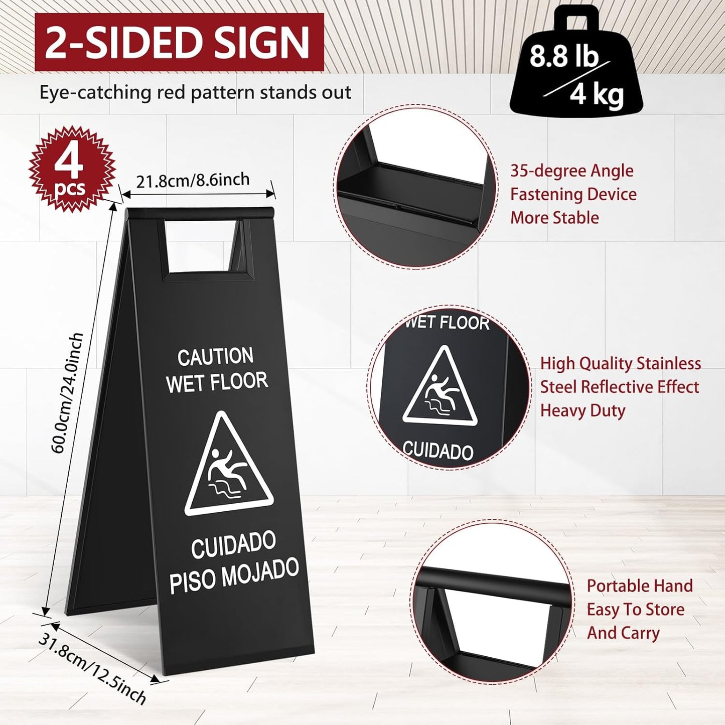 LEIFIDE 4 Pcs Stainless Steel Wet Floor Caution Sign Bulk 8.8 Pound Portable Foldable Handle Bilingual Safety Sign for Kitchen Restaurant Shop Commercial Use Avoid Fall and Slip Accident (Black)