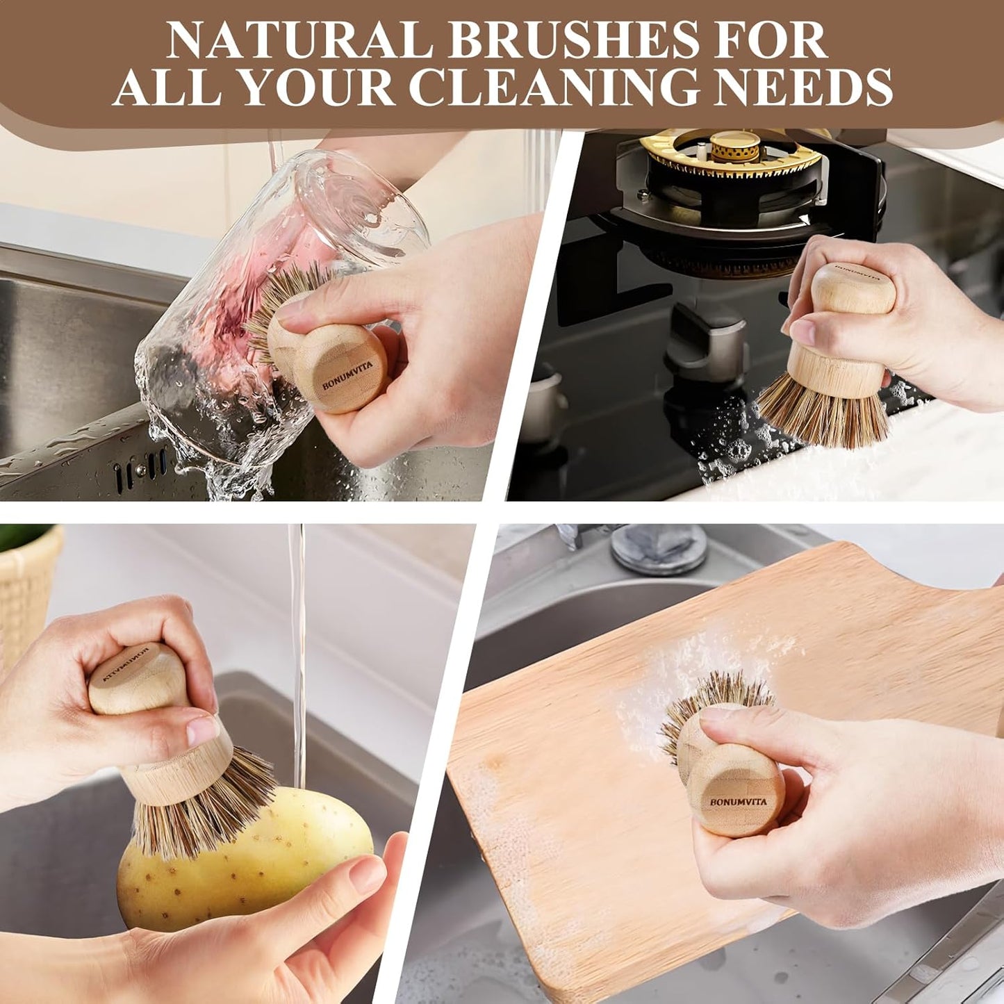 Bamboo Dish Brush Set,4 Pack Kitchen Palm Pot Brush with Union Fiber, Natural Bamboo Dish Scrub Brush for Cleaning Pots,Pans,Sinks,Woks,Vegetables