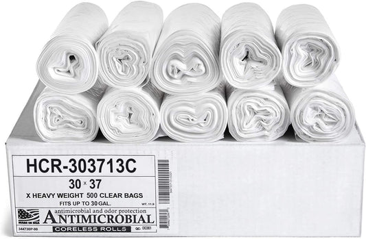 Aluf Plastics HCR-303713C High Density Star Sealed Coreless Roll Bags, 30 gal, Polyethylene, 30" x 37", Clear (Pack of 500)