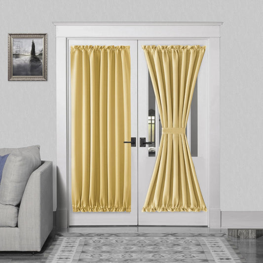 DWCN French Door Curtains – Rod Pocket Thermal Blackout Curtain for Doors with Glass Window, Kitchen and Patio Doors for Privacy, 54 X 72 Inches Long, 1 Curtain Panel with Tieback, Light Yellow