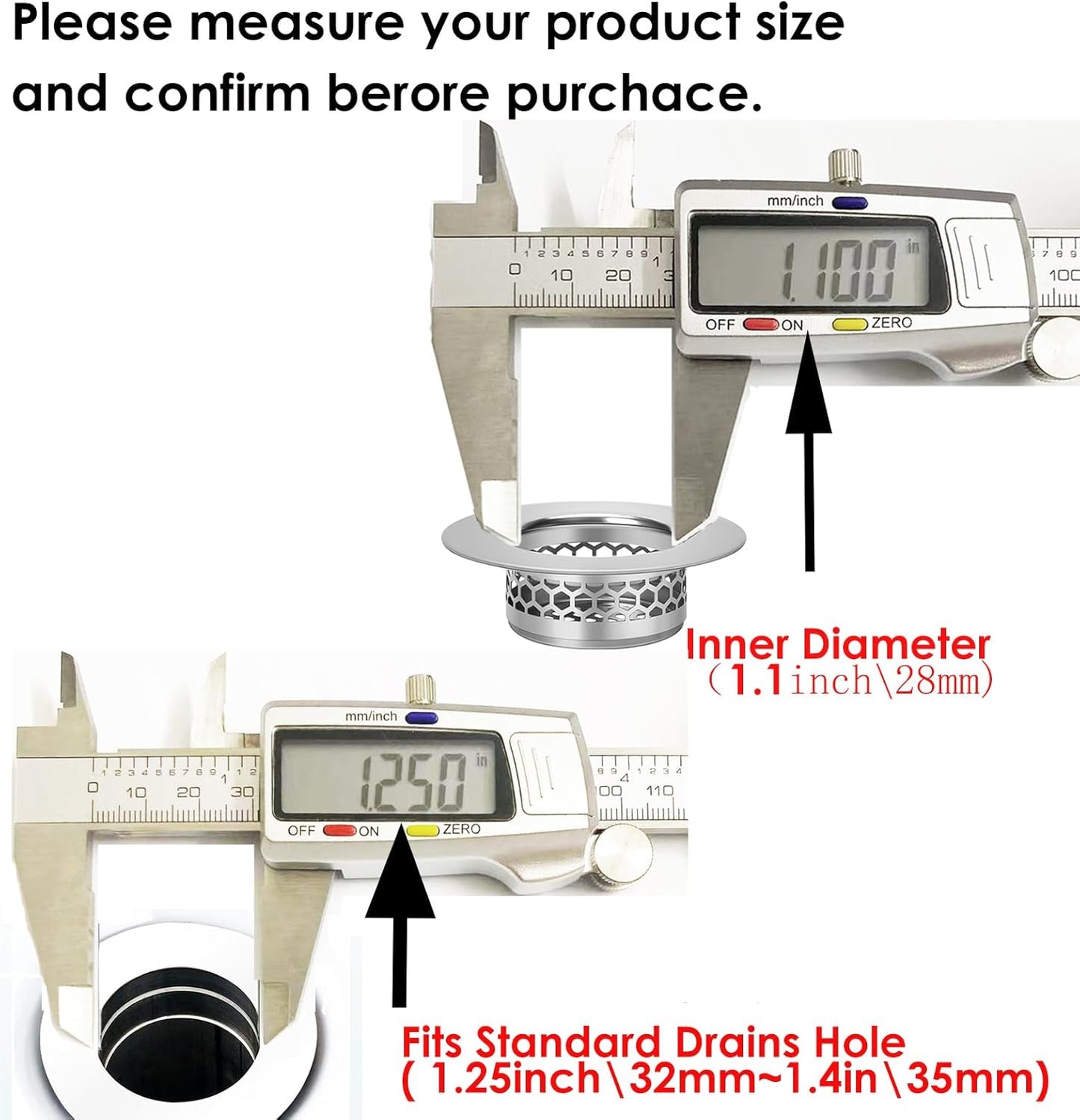 Bathroom Sink Strainer, Bathtub Lavatory Sink Drain Strainer Hair Catcher for Laundry, Mop Pool, Utility, Slop, RV Sink, Stainless Steel Drain Filter。Fit Hole Size from 1.25" ，3 Pack (1.1”)