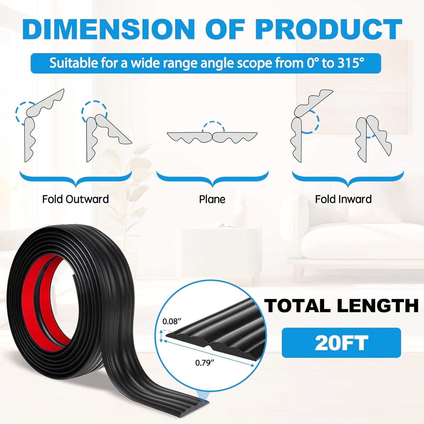 Wall Corner Protector Peel and Stick Corner Trim Molding Flexible Inside & Outside Wall Edge Guard Self Adhesive Moulding Trim for Edge Use, Black, 0.8” W x 20’ L