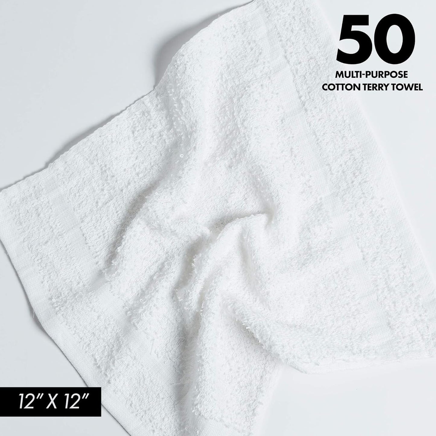 100% Cotton Terry Towels Cleaning Cloths Pack of 50 (12x12 Inches) White Cotton Terry Cloth Bar Rags White Bar Towels, Multipurpose High Absorbent Terry Towels for Cleaning Auto Detailing or Painters