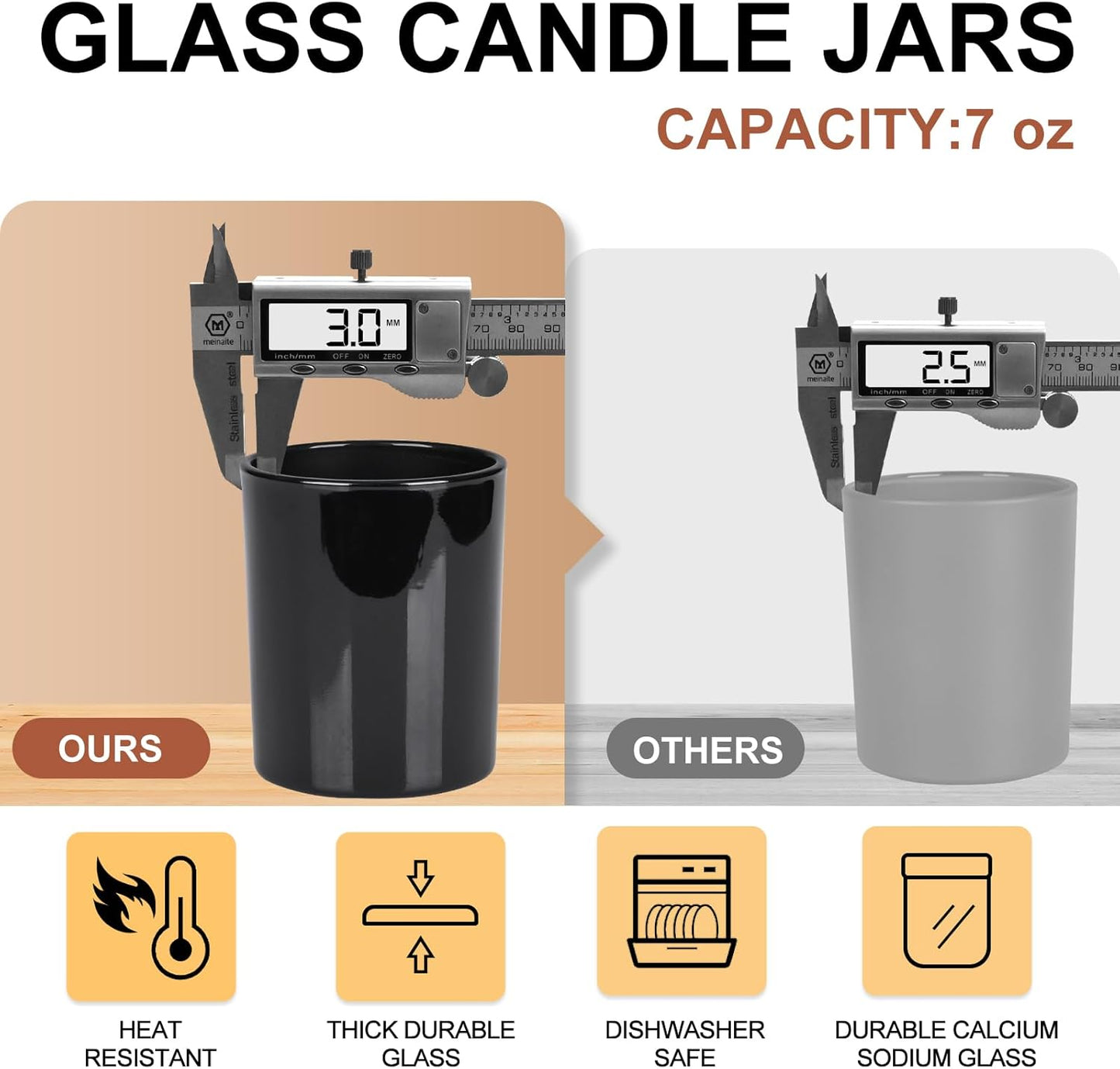 Thick Candle Jars for Making Candles 12 Pcs, 7 OZ Empty Jars with Wood Lids for Candle Making, Sample Container, Light Black