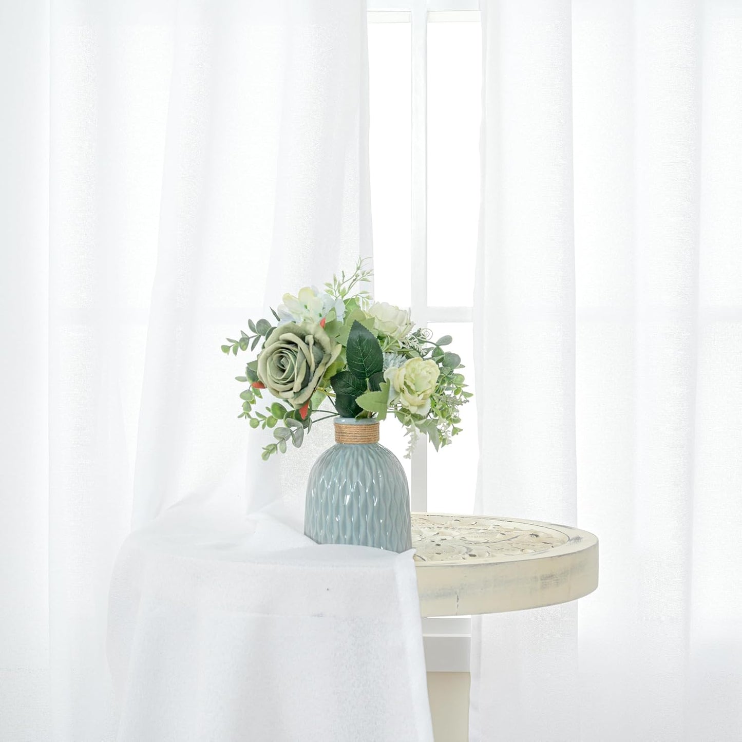 YoungsTex White Linen Curtains for Kitchen Window Over Sink - Small Half Window Drapes Semi Sheer with Back Tab for Front Door Cafe, 2 Panels, 30 X 40 Inch