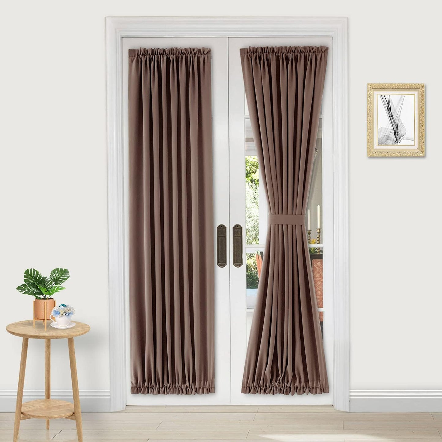 DWCN French Door Curtains – Rod Pocket Thermal Blackout Curtain for Doors with Glass Window, Kitchen and Patio Doors for Privacy, 23 X 72 Inches Long, 1 Curtain Panel with Tieback，Khaki
