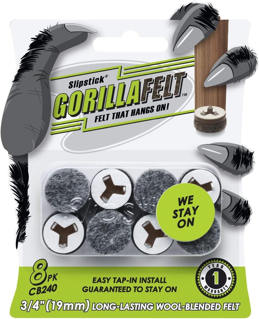 GorillaFelt CB240 Chair Leg Floor Protectors/Felt Glides (Set of 8) Tap On Felt Furniture Pads Guaranteed to Stay On, 3/4 Inch Round Sliders
