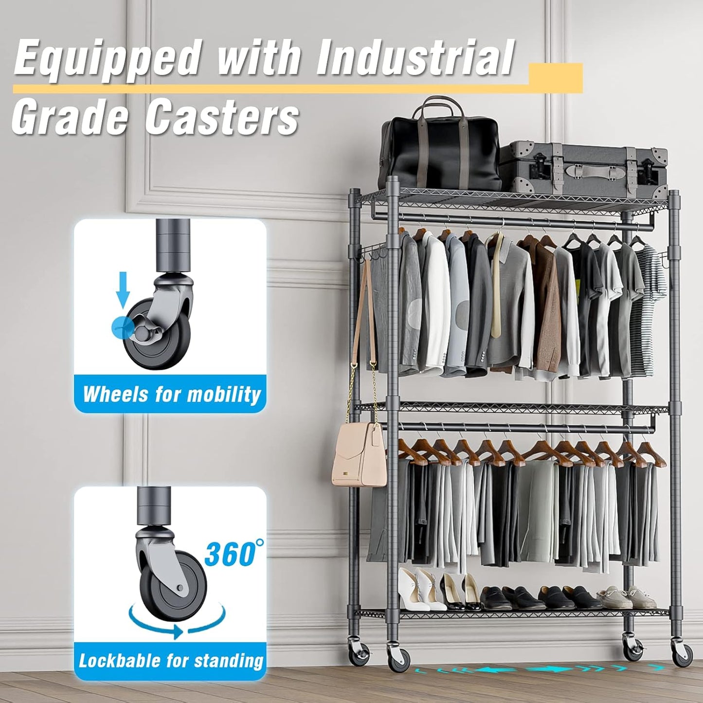 Homdox Rolling Clothes Rack Heavy Duty, 3-Tier Adjustable Wire Shelving Garment Organizer with Double Rods & Hooks, Portable Clothes Rack with Wheels, 17.72" D x 47.24" W x 80.71" H, Grey