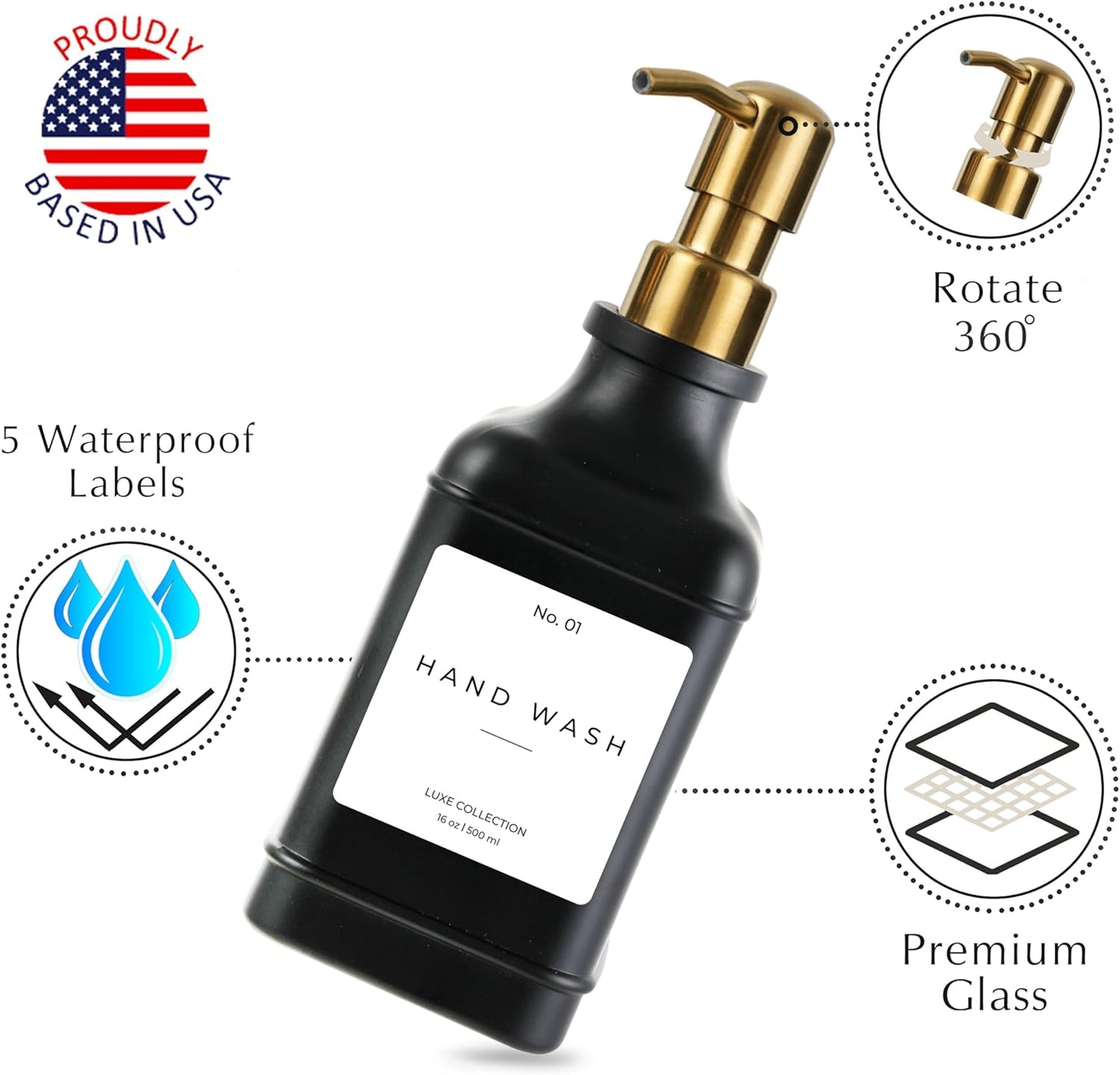 Emerson Essentials Soap Dispenser, Dish Soap Dispenser, Soap Bottle Bathroom Set, Hand Soap Farmhouse Home, Kitchen Soap Dispenser Set - Glass Soap Dispenser with Pump and Labels, 16 Oz, 2 Pack