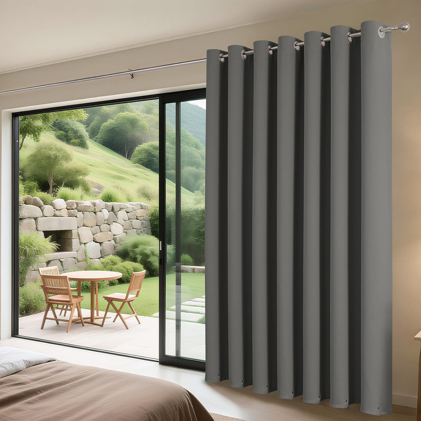 Joydeco Blackout Patio Sliding Door Curtains 108 Inches Long, Grommet Privacy Room Divider Curtains, Extra Wide Thermal Blackout Drapes for Bedroom Living Room (Light Grey, 100Wx108L, 1 Panel)