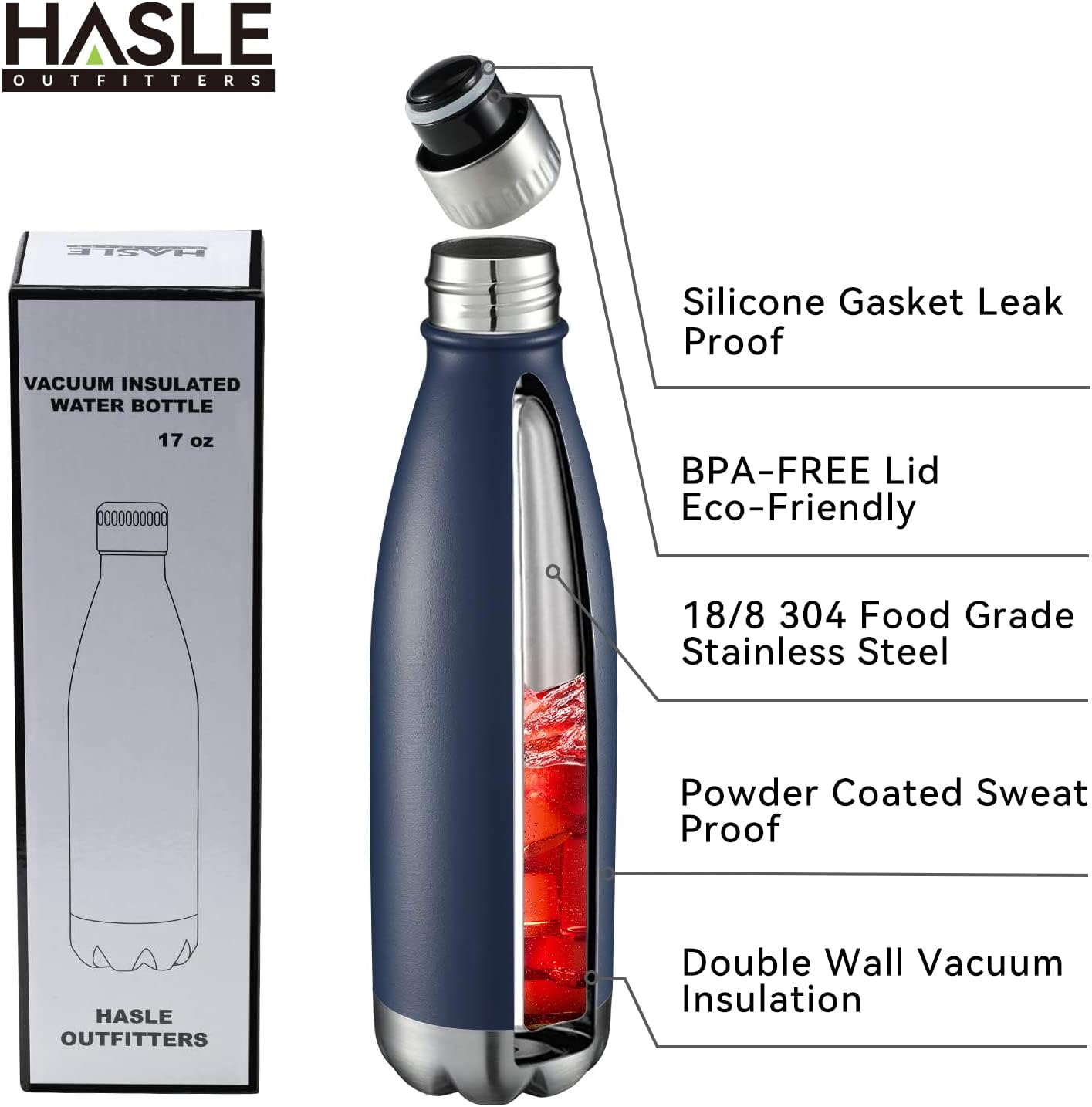 HASLE OUTFITTERS 17oz Stainless Steel Water Bottles, Vacuum Insulated Water Bottles Double Walled Powder Coated Reusable Metal Sports Water Bottles Keep Drinks Hot and Cold, Navy, 1Pack