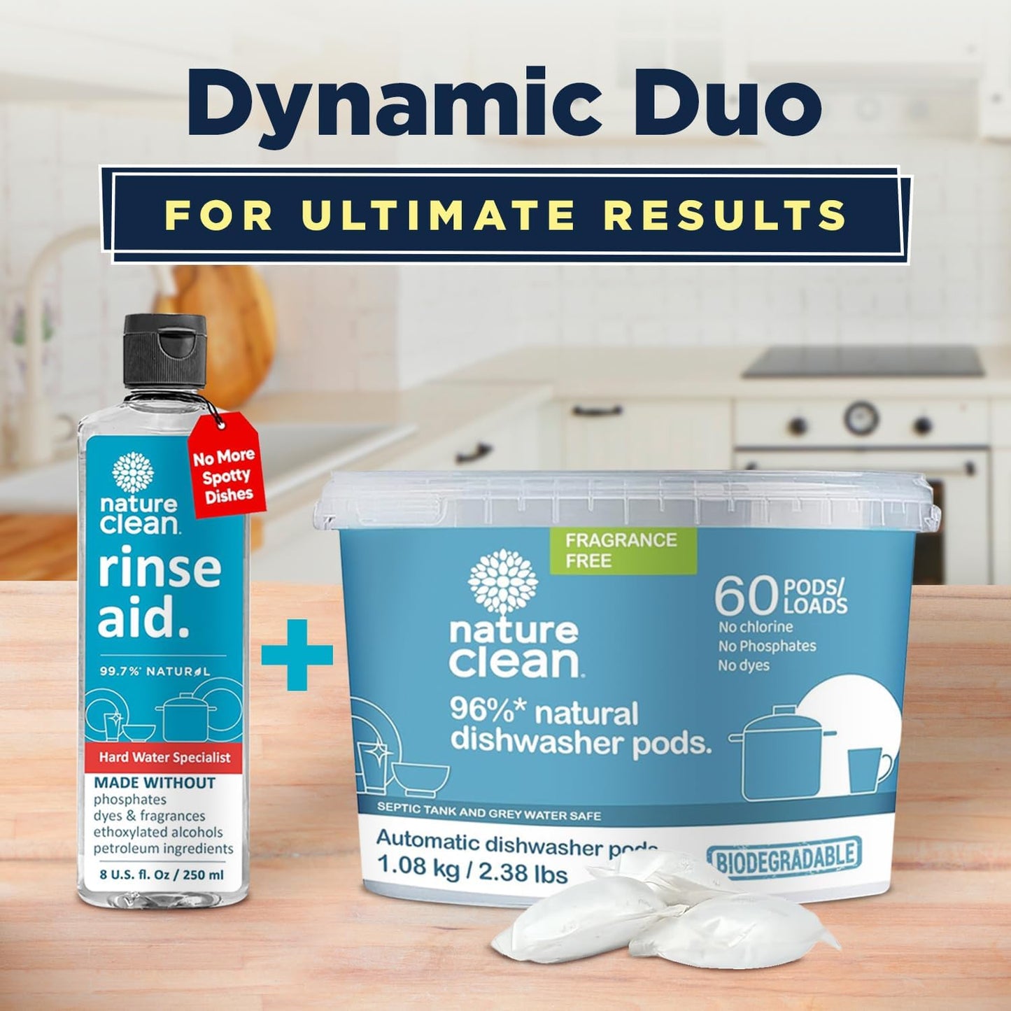 Nature Clean All Natural Dishwasher Pods, Plant-Based Non-Toxic Dishwasher Detergent Pods, Tough on Grease, Unscented Fragrance-free, 60 Count, Pack of 4