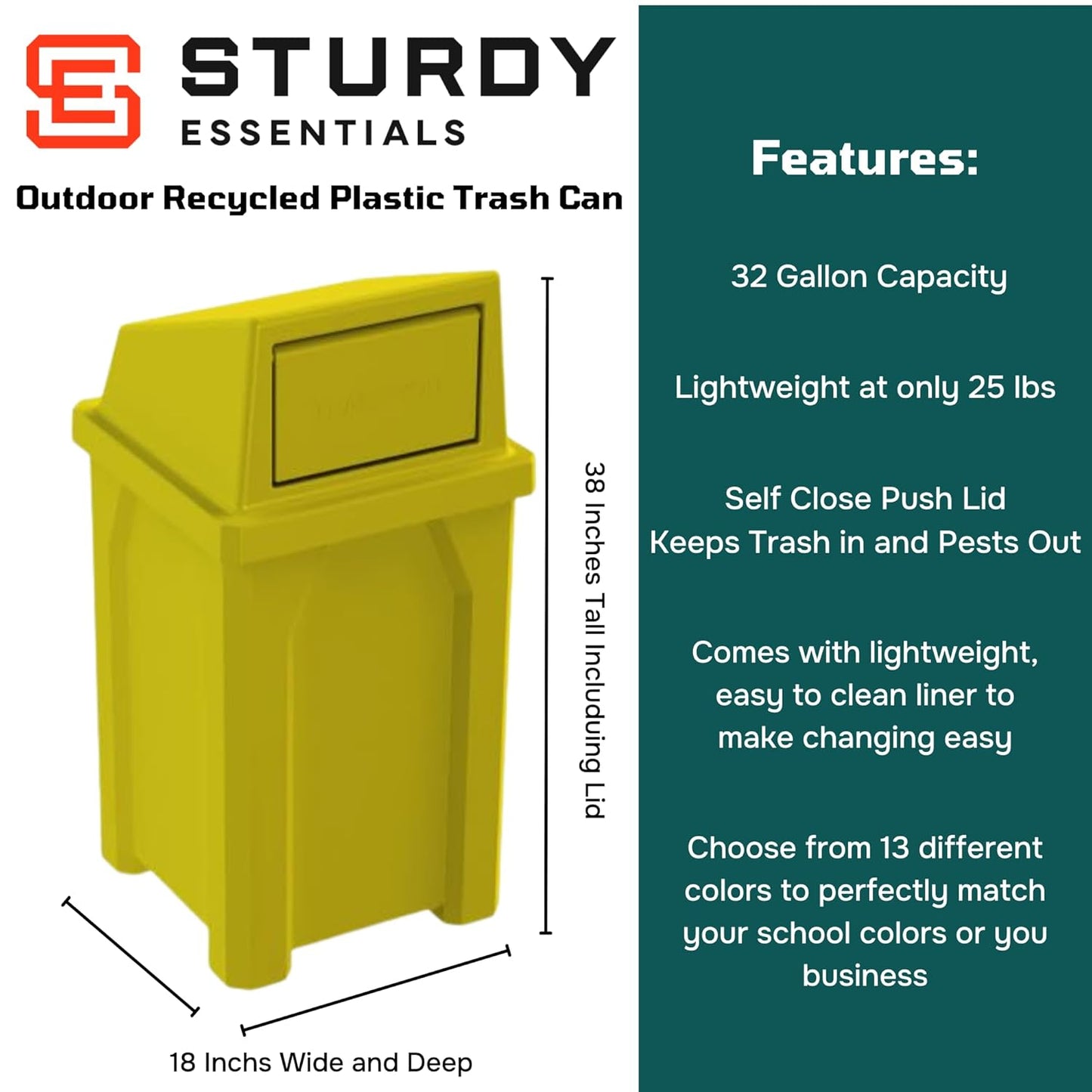 32 Gallon Square 100% Recycled Plastic Heavy Duty Outdoor Trash Can with Push Lid - Great for Schools and Businesses - Yellow