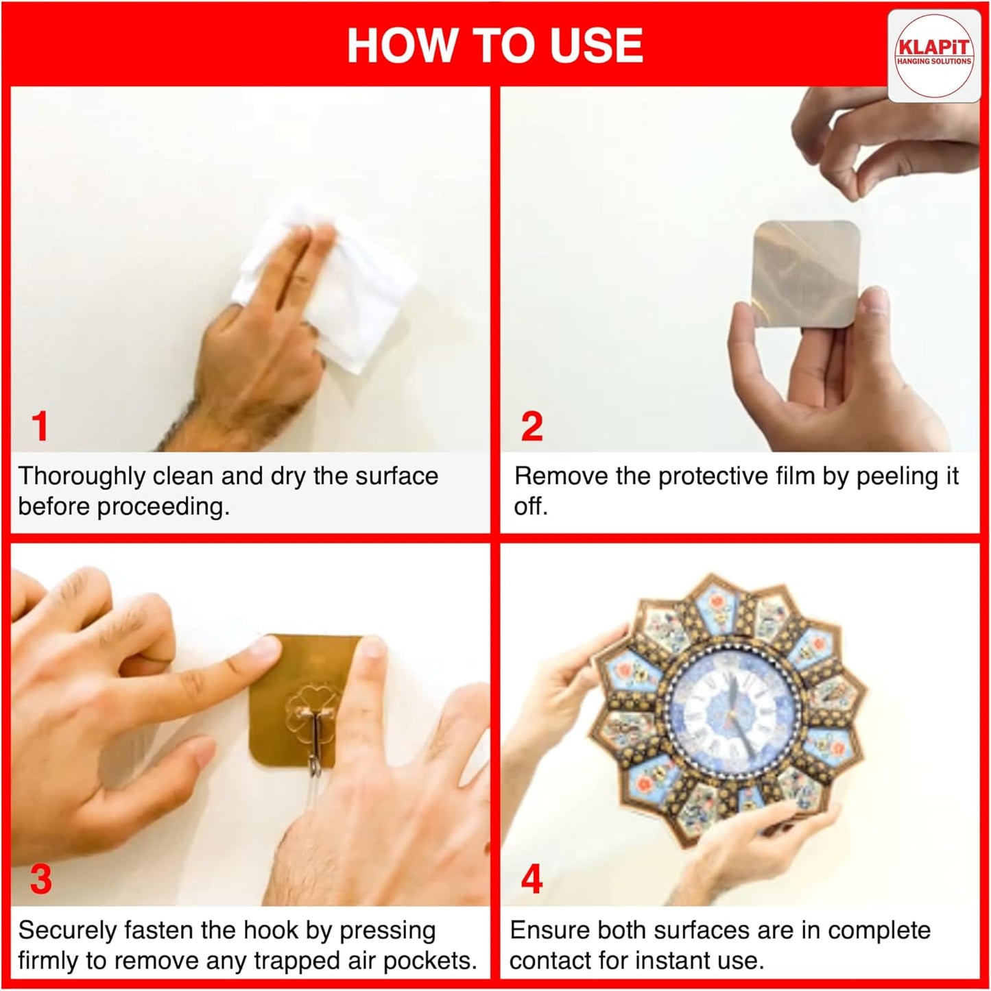 KLAPiT Super Hook - Heavy-Duty Adhesive Wall Hooks, Holds Up to 11 lbs, Waterproof, No Damage, Easy Install on Tile, Wood, Stone, Glass & Metal - Made of Steel (Silver, 4pc)