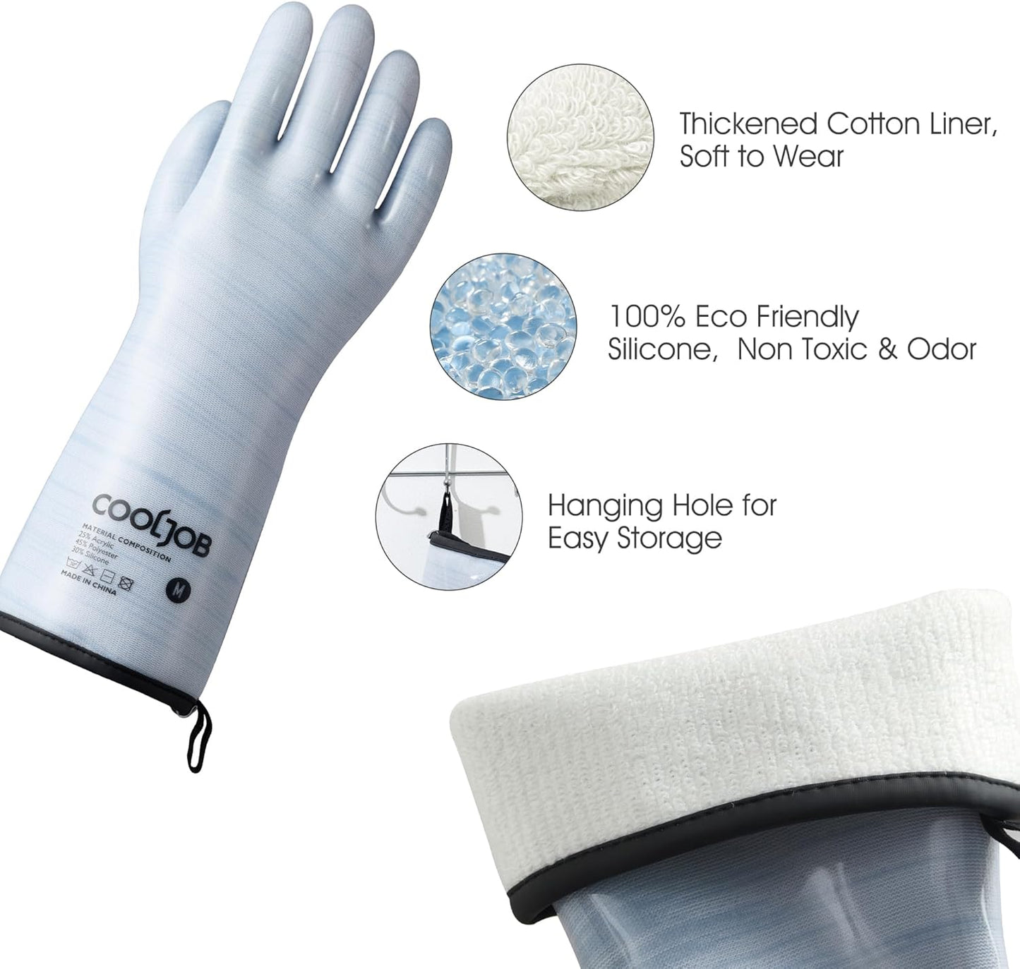 COOLJOB Heat Resistant Oven Gloves, Waterproof Liquid Silicone BBQ Grilling Gloves for Barbecue, Kitchen Cleaning, Baking, Blue, Large