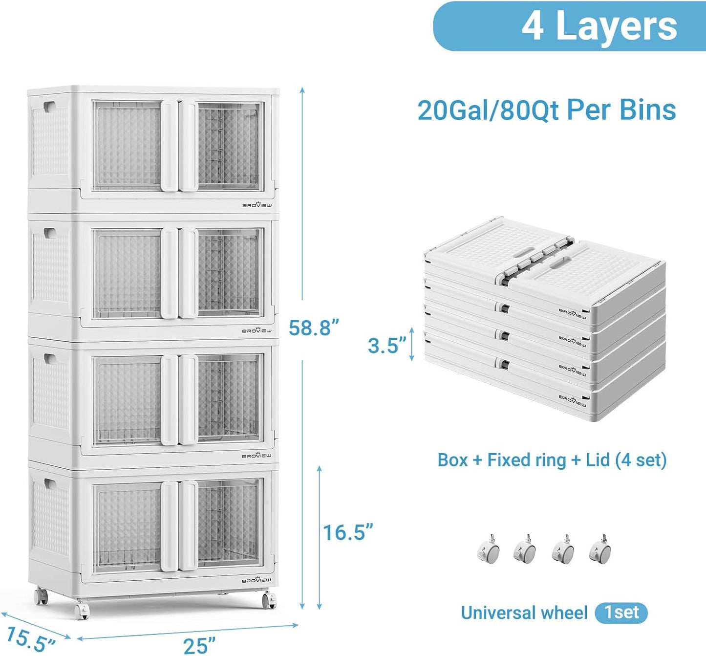 BROVIEW 400 Qt Stackable Storage Bins with Lids & Doors, 4 Pack Plastic Closet Organizer and Storage Drawers with Wheels, Large Collapsible Storage Boxes, Cabinet for Home, Office, V10, White
