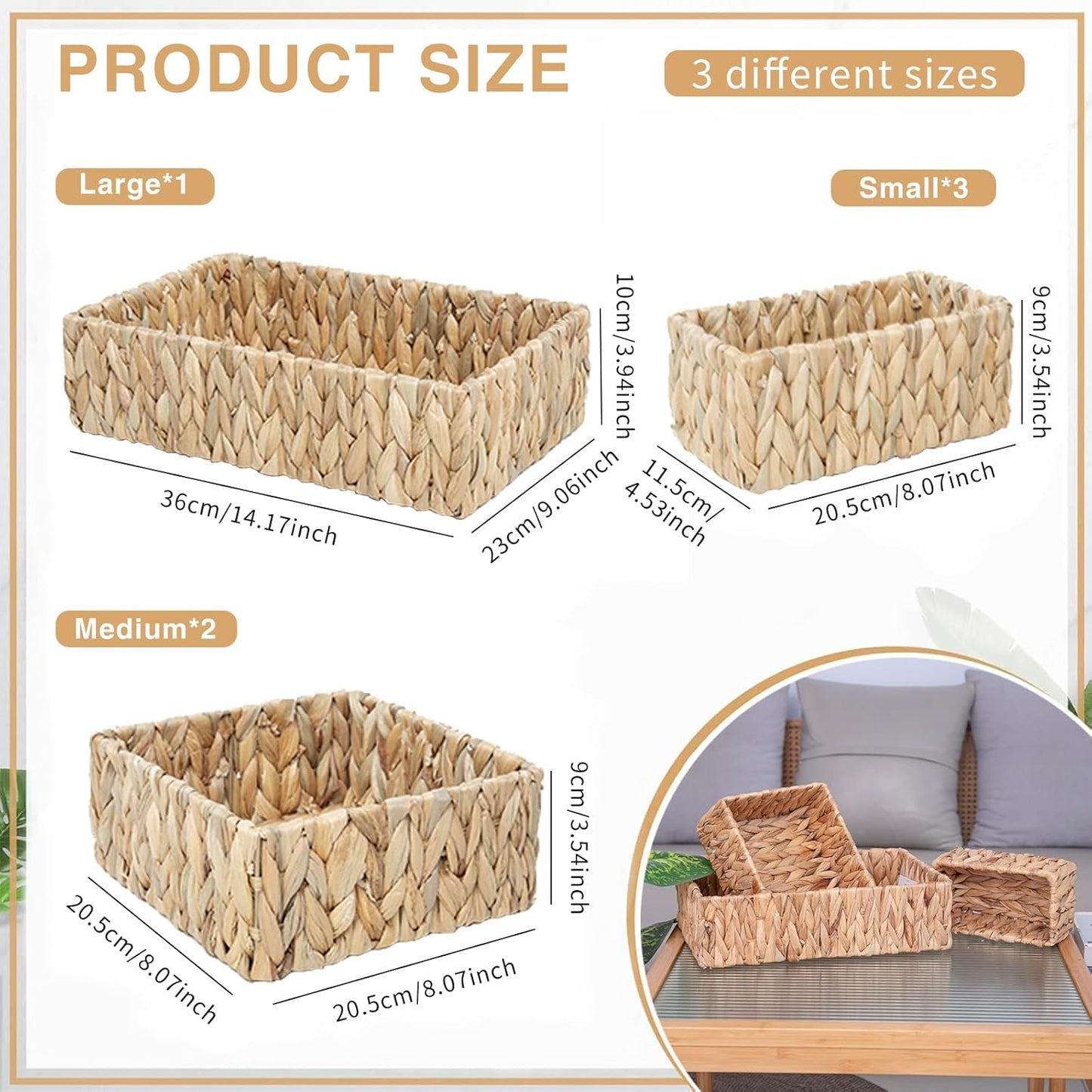 Handwoven Wicker Storage Baskets Set, Natural water hyacinth & Iron Frame | Triple Sizes (Small, Medium, Large) for Home Organizing, Bathroom, Shelves | Woven Baskets for Storage & Decor (Natural)