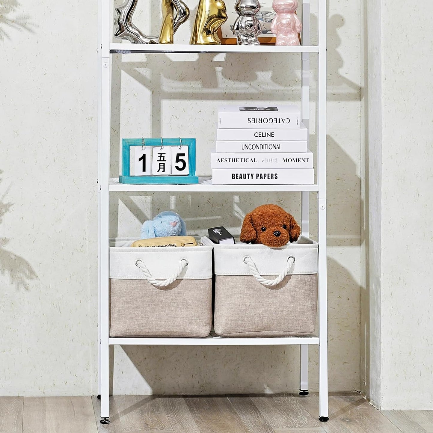 15x11x9.5 Inch Storage Baskets for Shelves,3 Pack Storage Bins，Foldable Organizer Boxes, Decorative Storage Basket for Organizing Clothes, Toys, Books, Foldable Cloth Baskets (White&Beige)