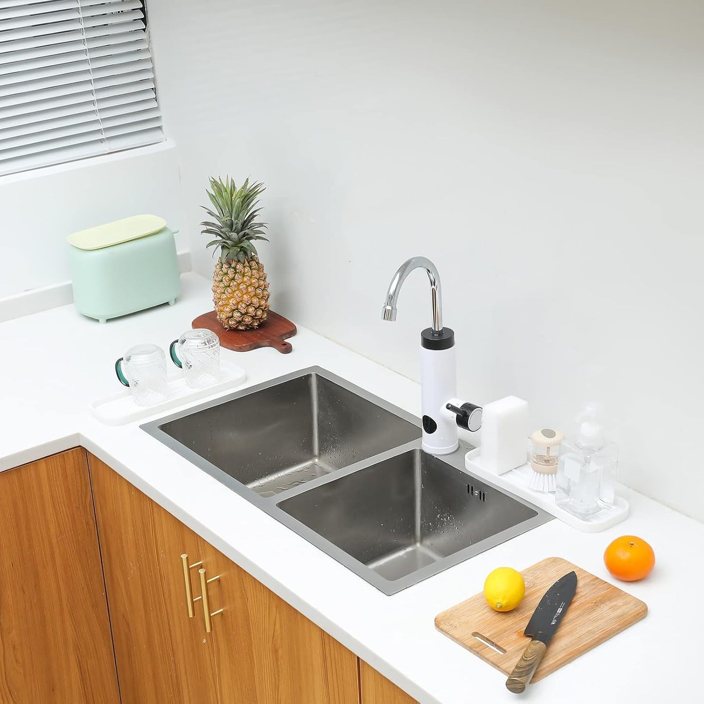 Silicone Kitchen Sink Organizer Tray for Multiple Usage,Eco-Friendly Sponges Holder for Kitchen Bathroom Counter or Sink,Dish Soap Dispenser,Scrubber,Bottle,Cup (White, 12"×4")